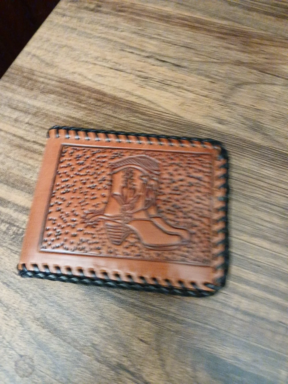 Tooled Leather Bifold Wallet with Western Boot Design - Brown & Black